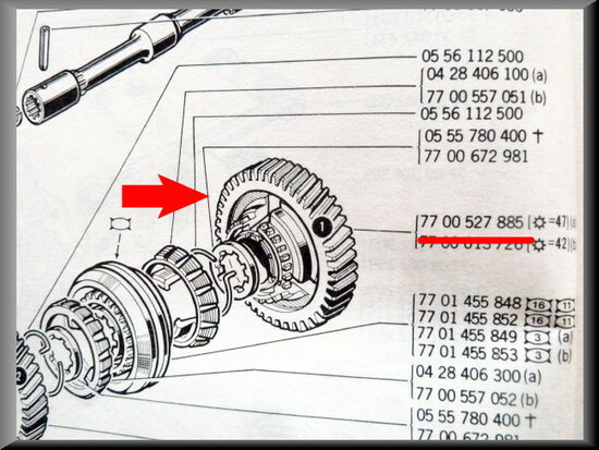 Pignon 1er vitesse (47 dents) avec bague de synchronisation.